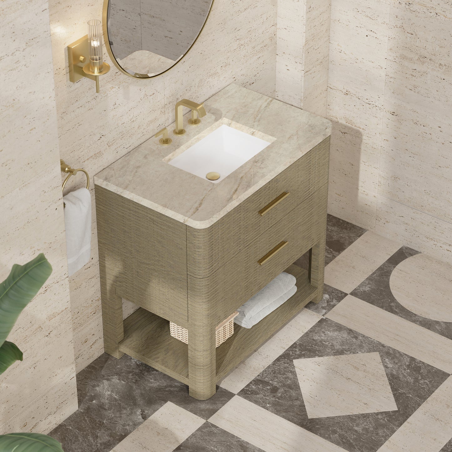 Renovate for Less Atlanta Lucian 36" Single Vanity, Pebble Oak, w/ 3 CM Tajnar Eclos Widespread Top