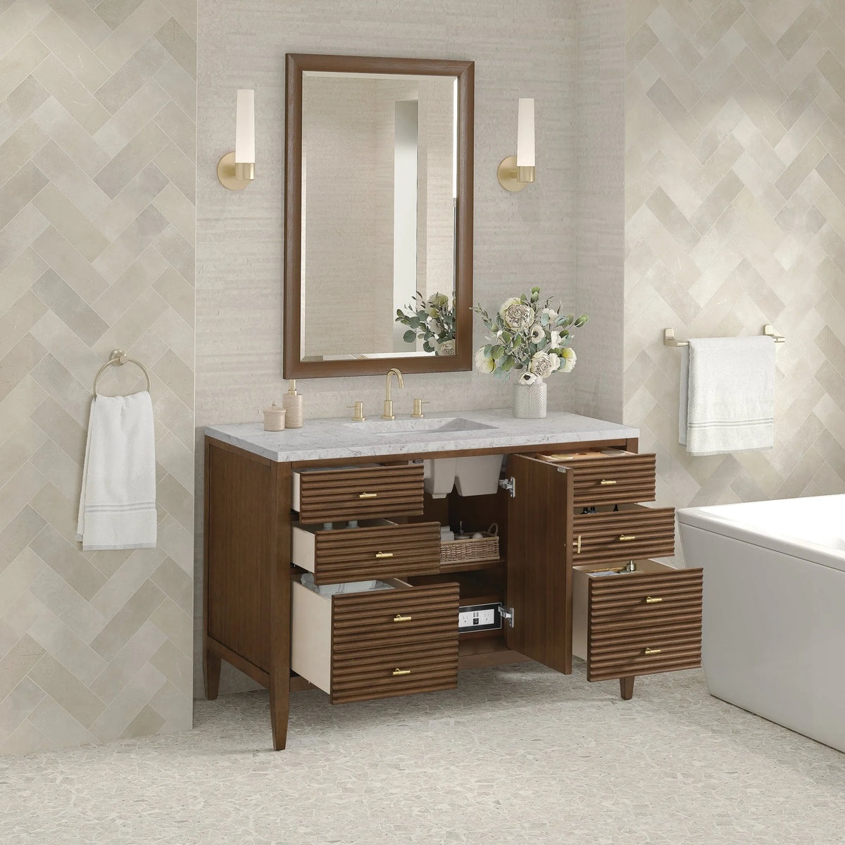 Myrrin 48" Single Vanity, Mid Century Walnut w/ 3 CM Eternal Jasmine Pearl Silestone Top