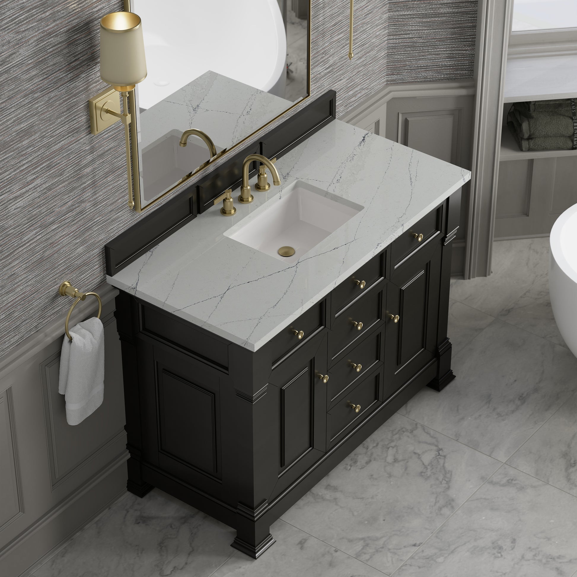 Renovate for Less Atlanta Brookfield 48" Single Vanity, Black Onyx w/ 3 CM Ethereal Noctis Silestone Top w/ FreePower Wireless Charger