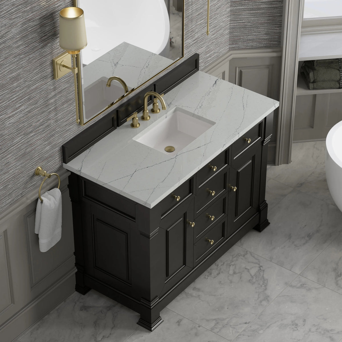 Brookfield 48" Single Vanity, Black Onyx w/ 3 CM Ethereal Noctis Silestone Top w/ FreePower Wireless Charger