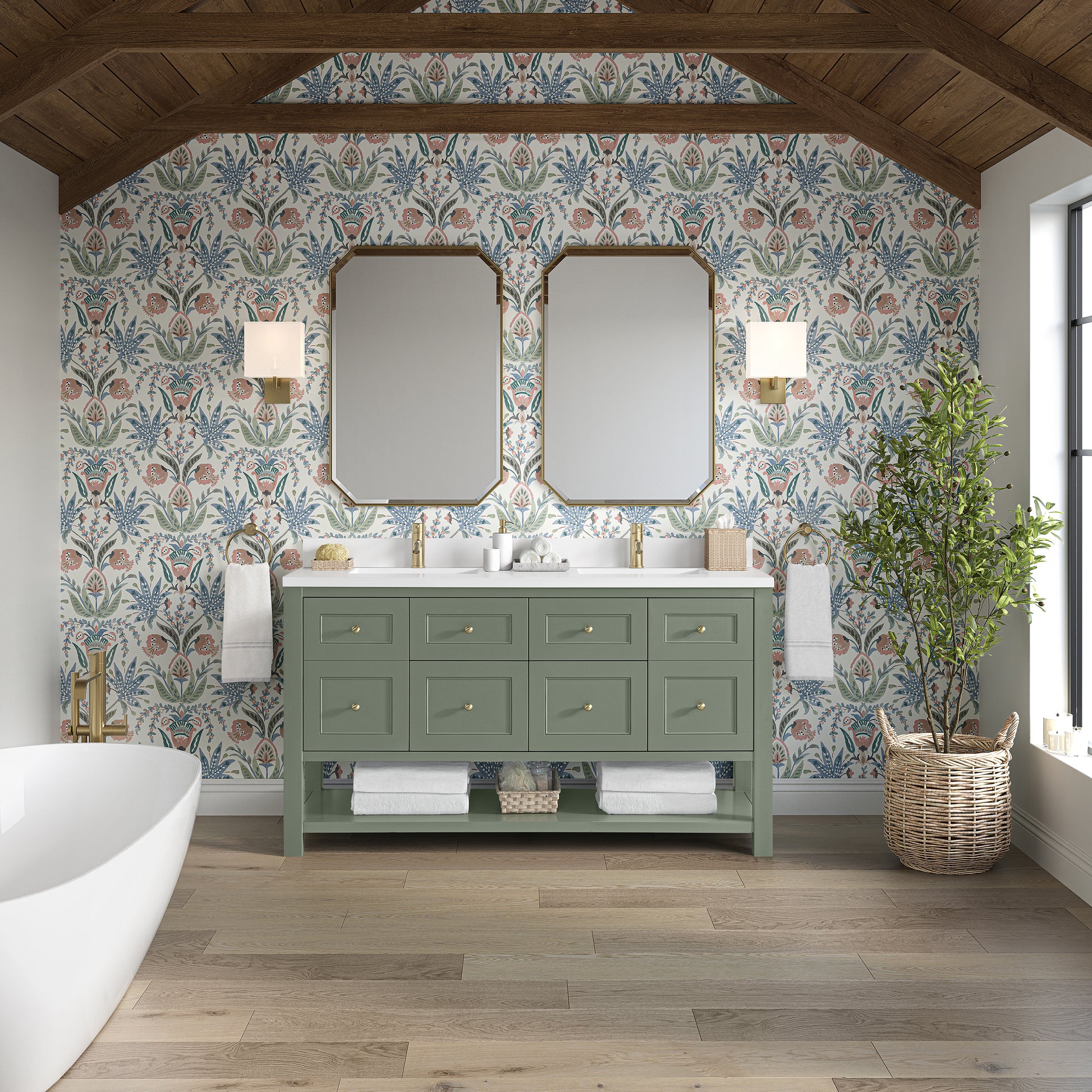 Renovate for Less Atlanta Breckenridge 60" Double Vanity, Smokey Celadon, w/ Single Hole 3 CM White Zeus Quartz Top & Backsplash