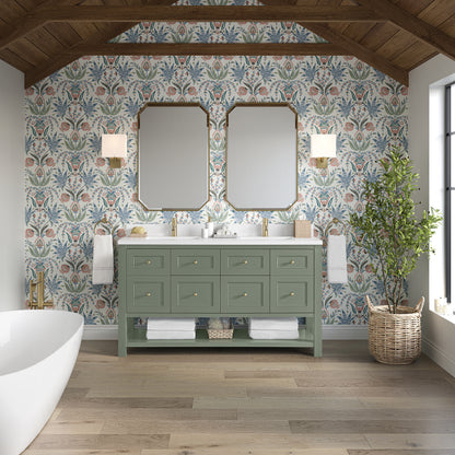 Renovate for Less Atlanta Breckenridge 60" Double Vanity, Smokey Celadon, w/ Single Hole 3 CM White Zeus Quartz Top & Backsplash