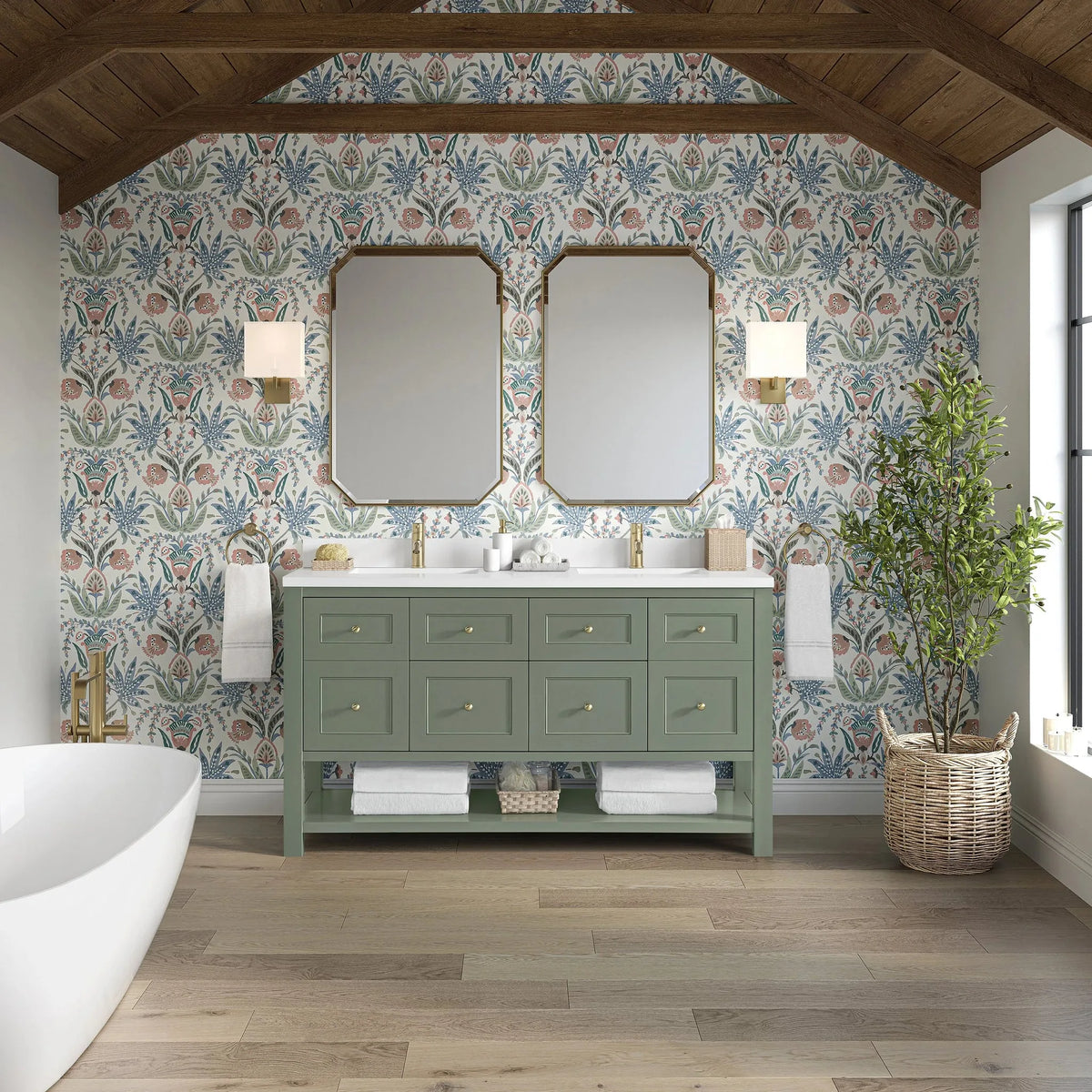 Breckenridge 60" Double Vanity, Smokey Celadon, w/ Single Hole 3 CM White Zeus Quartz Top & Backsplash