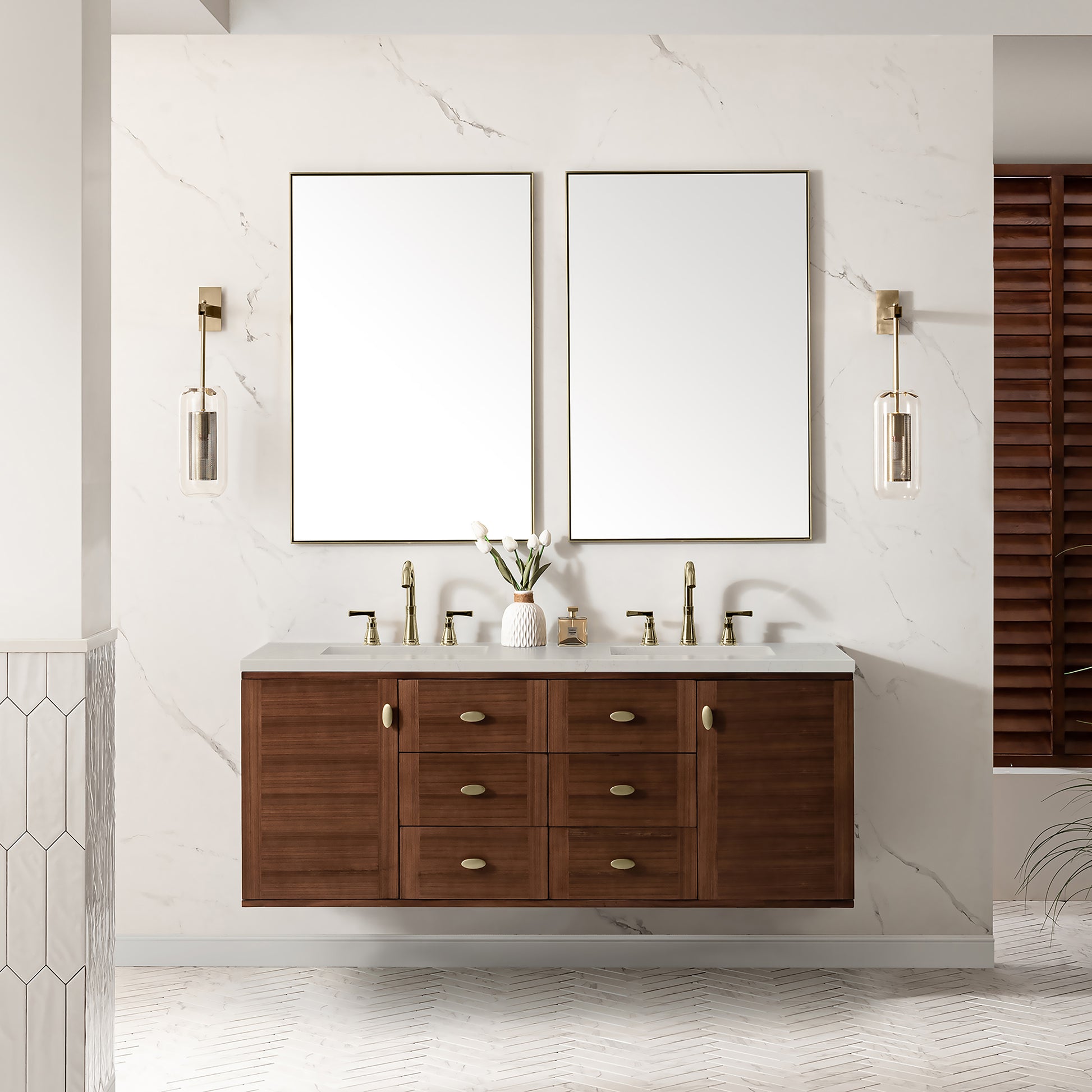 Renovate for Less Atlanta Amberly 60" Double Vanity, Mid-Century Walnut, w/ 3 CM Siberian Silestone Top w/FreePower Wireless Charger