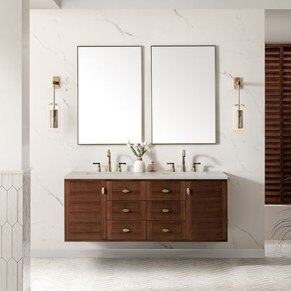 Renovate for Less Atlanta Amberly 60" Double Vanity, Mid-Century Walnut, w/ 3 CM Siberian Silestone Top w/FreePower Wireless Charger