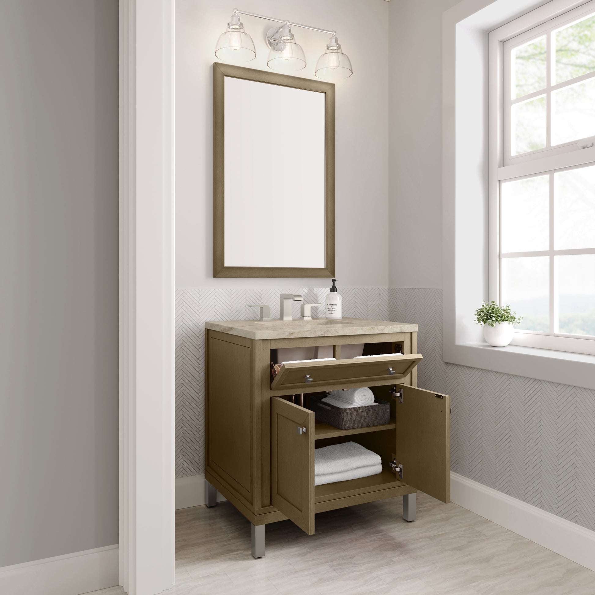 Renovate for Less Atlanta Chicago 30" Single Vanity, Walnut Whisper, w/ 3 CM Tajnar Eclos Top
