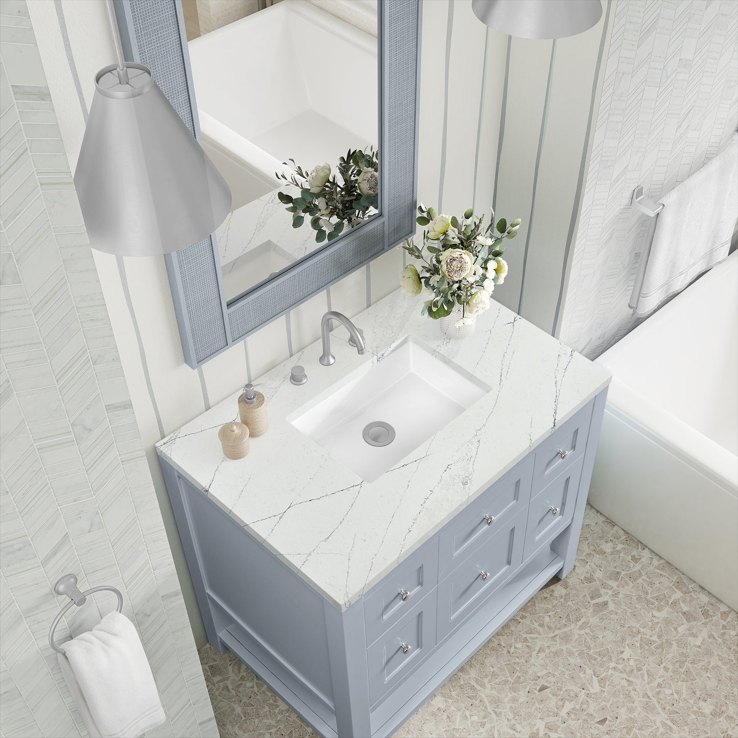 Renovate for Less Atlanta Breckenridge 36" Single Vanity, Serenity Blue, w/ 3 CM Ethereal Noctis Quartz Top