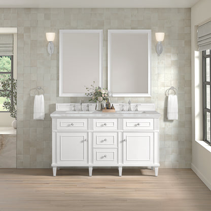 Renovate for Less Atlanta Lorelai 60" Double Vanity, Bright White w/ 3 CM Victorian Silver Silestone Top w/FreePower Wireless Charger