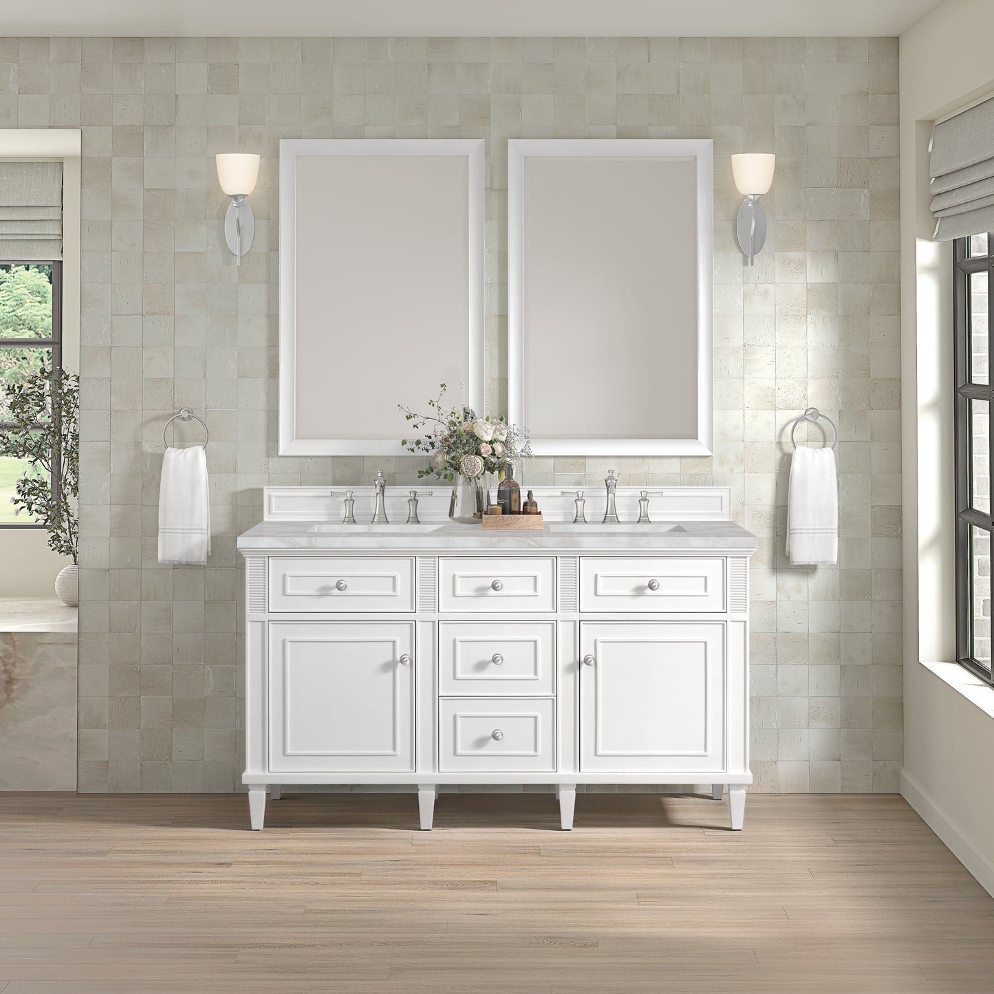 Renovate for Less Atlanta Lorelai 60" Double Vanity, Bright White w/ 3 CM Victorian Silver Silestone Top