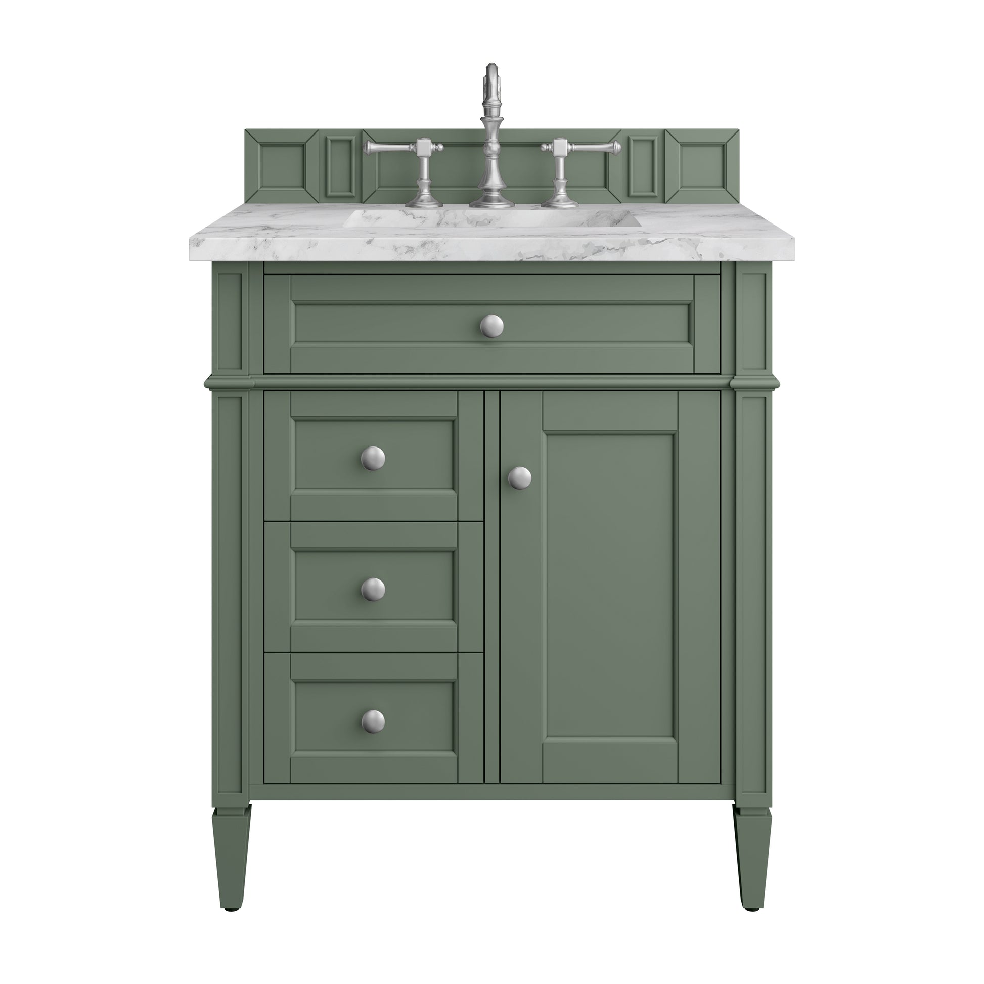 Renovate for Less Atlanta Brittany 30" Single Vanity, Smokey Celadon w/ 3 CM Carrara Marble Top