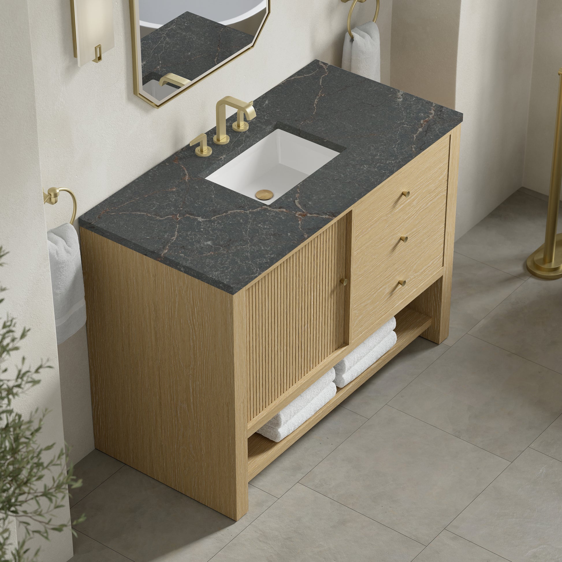 Renovate for Less Atlanta Marigot 48" Single Vanity, Sunwashed Oak w/ 3 CM Parisien Bleu Silestone Top w/ FreePower Wireless Charger