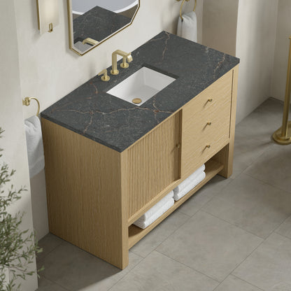 Renovate for Less Atlanta Marigot 48" Single Vanity, Sunwashed Oak w/ 3 CM Parisien Bleu Silestone Top w/ FreePower Wireless Charger