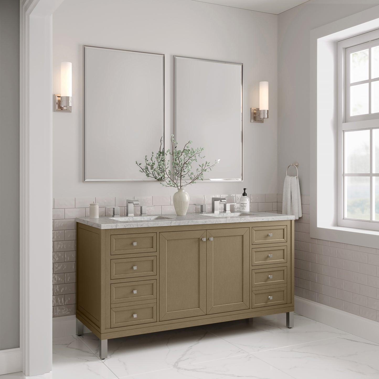 Renovate for Less Atlanta Chicago 60" Double Vanity, Walnut Whisper, w/ 3 CM Eternal Jasmine Pearl Silestone® Top