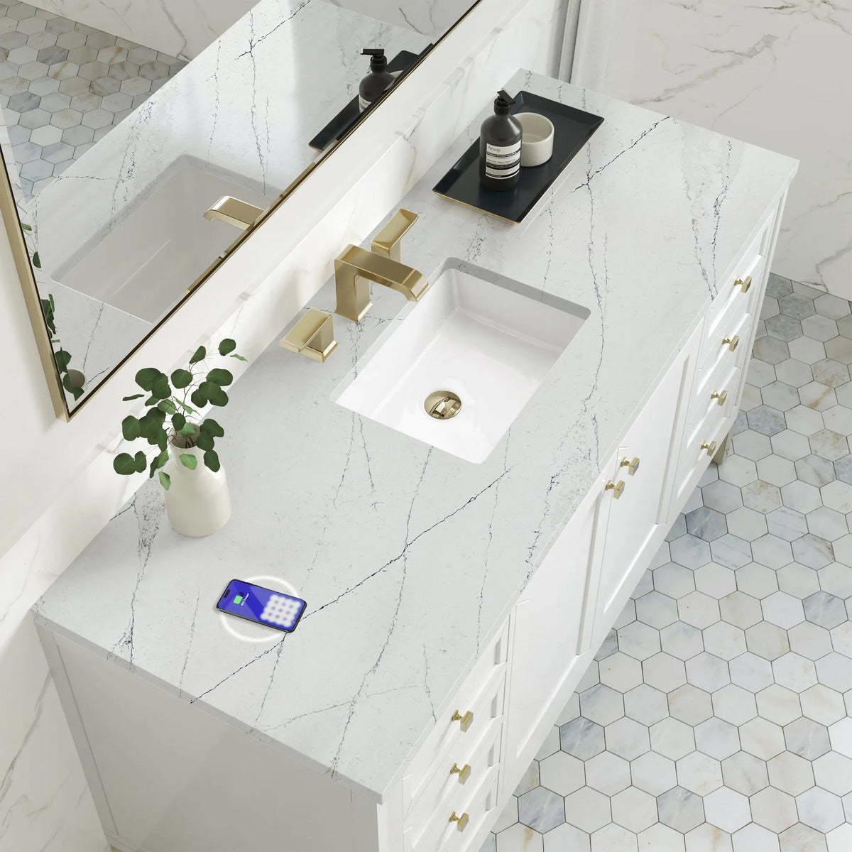 Chicago 60" Single Vanity, Glossy White, w/ 3 CM Ethereal Noctis Silestone Top w/ FreePower Wireless Charger