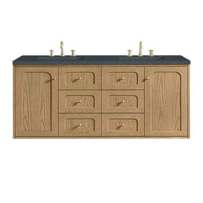 Laurent 60" Double Vanity, Light Natural Oak, w/ 3 CM Charcoal Soapstone Quartz Top