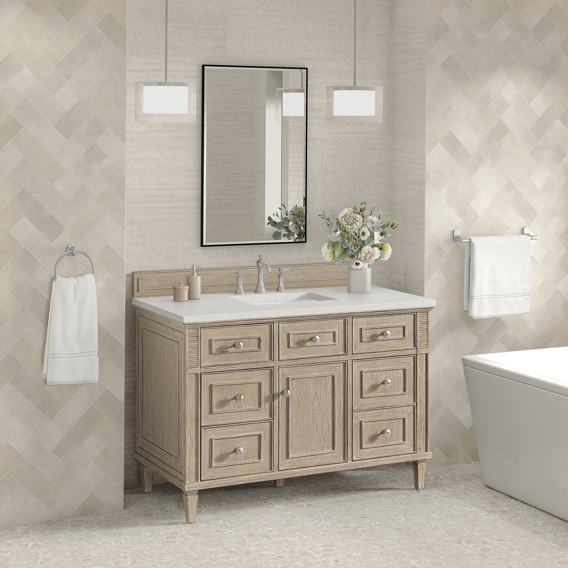 Renovate for Less Atlanta Lorelai 48" Single Vanity, Whitewashed Oak w/ 3 CM Lime Delight Silestone Top