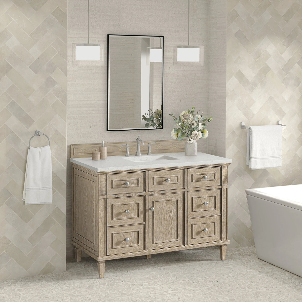 Lorelai 48" Single Vanity, Whitewashed Oak w/ 3 CM Lime Delight Silestone Top