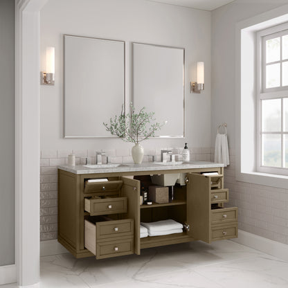 Renovate for Less Atlanta Chicago 60" Double Vanity, Walnut Whisper, w/ 3 CM Eternal Jasmine Pearl Silestone® Top