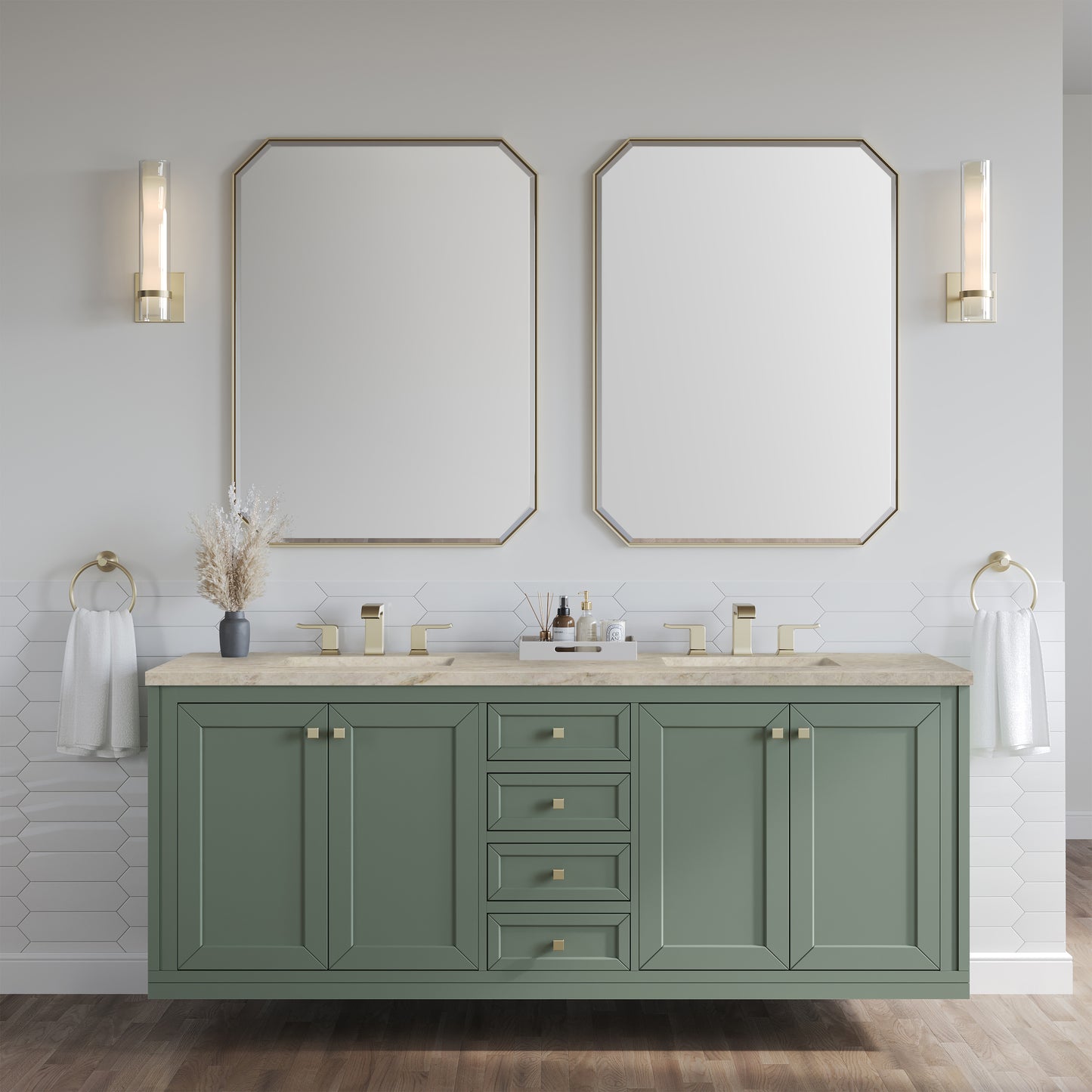 Renovate for Less Atlanta Chicago 72" Double Vanity, Smokey Celadon, w/ 3 CM Tajnar Eclos Top w/FreePower Wireless Charger