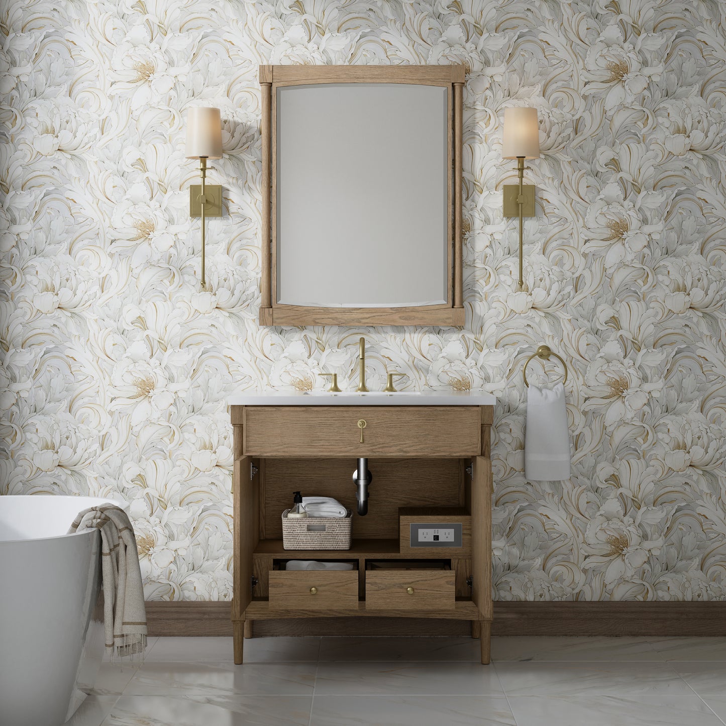 Renovate for Less Atlanta Kinnsden 36" Single Vanity, Weathered Oak w/ 3 CM White Zeus Silestone Top