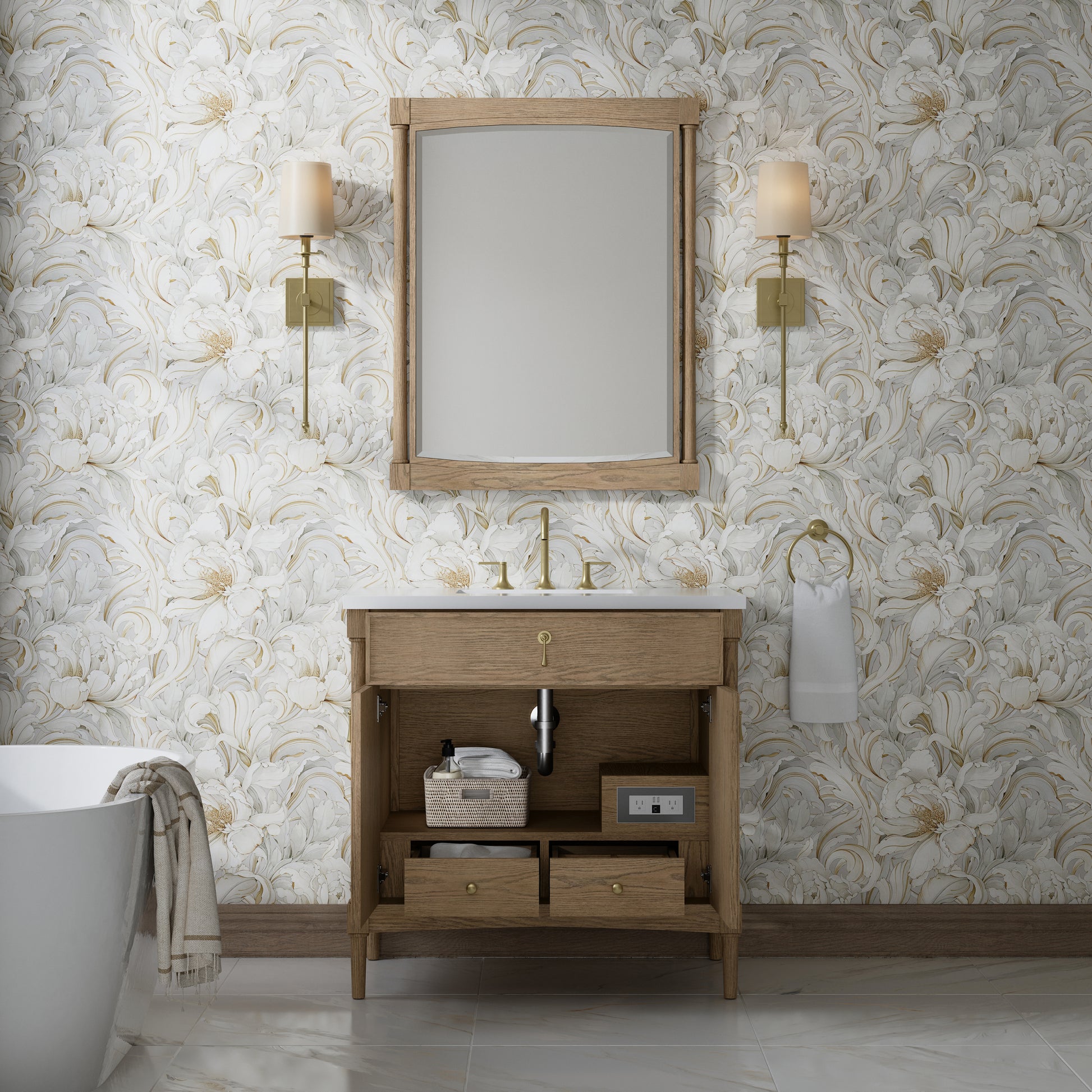 Renovate for Less Atlanta Kinnsden 36" Single Vanity, Weathered Oak w/ 3 CM White Zeus Silestone Top