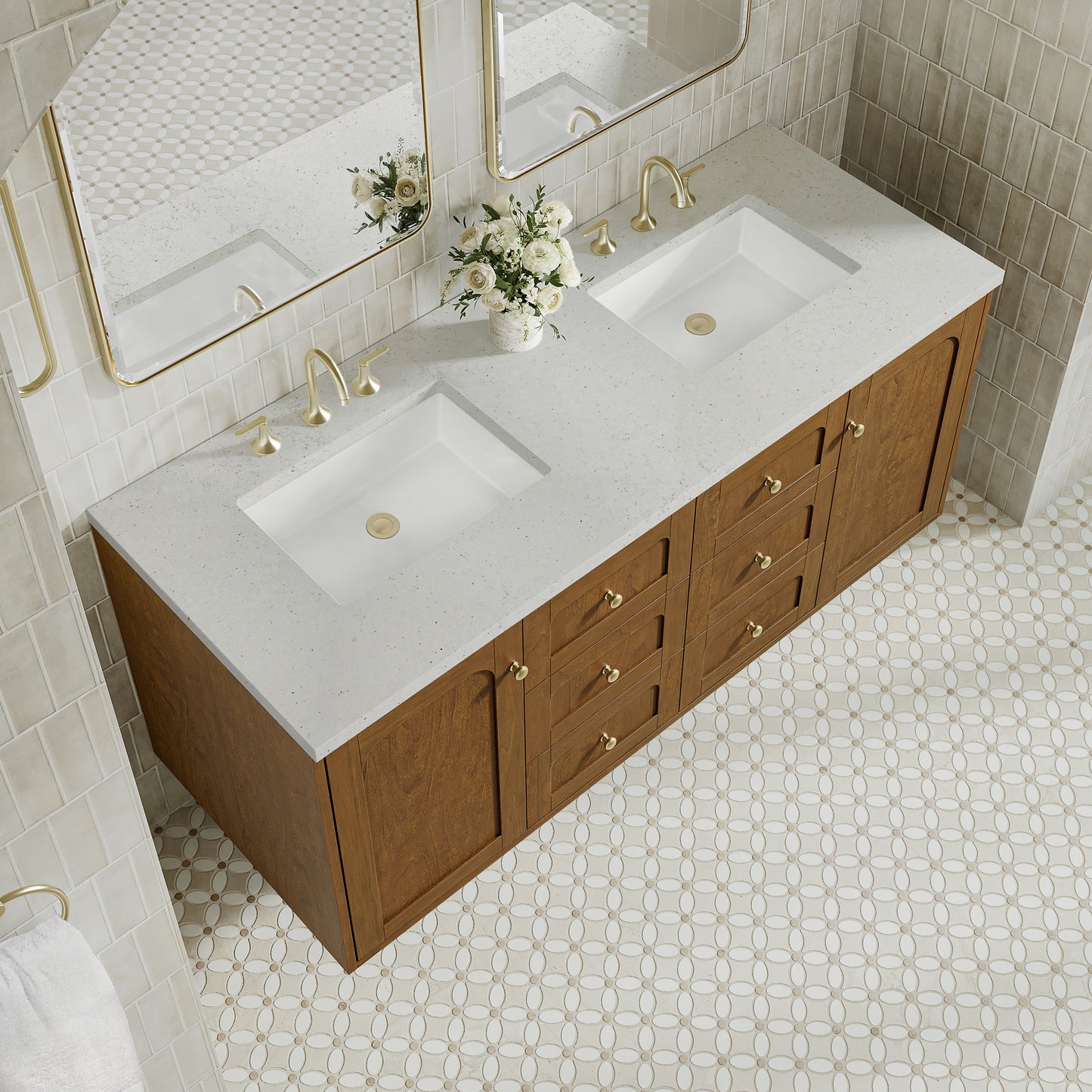 Renovate for Less Atlanta Laurent 60" Double Vanity, Honey Oak w/ 3 CM Lime Delight Silestone Top