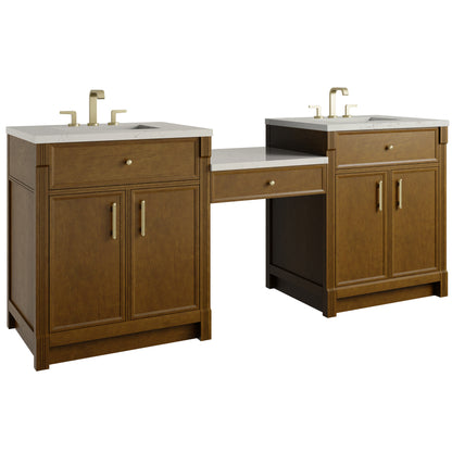 Renovate for Less Atlanta Bellshire 84" Dual Vanity Set with 24" Make-Up Counter, Honey Oak w/3 cm Siberian Silestone Top