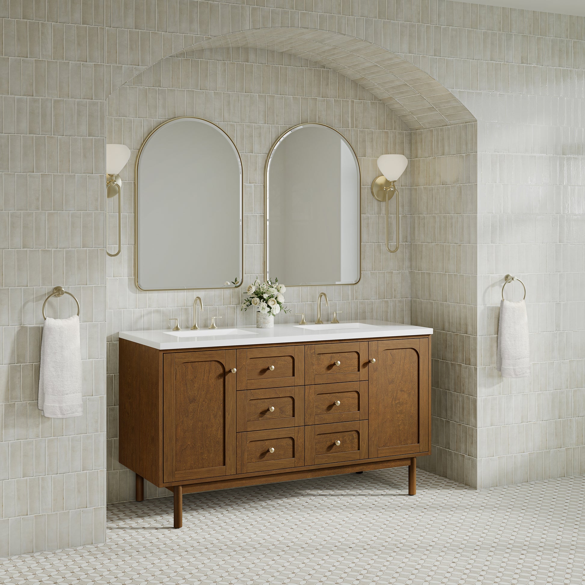 Renovate for Less Atlanta Laurent 60" Double Vanity, Honey Oak w/ 3 CM White Zeus Silestone Top