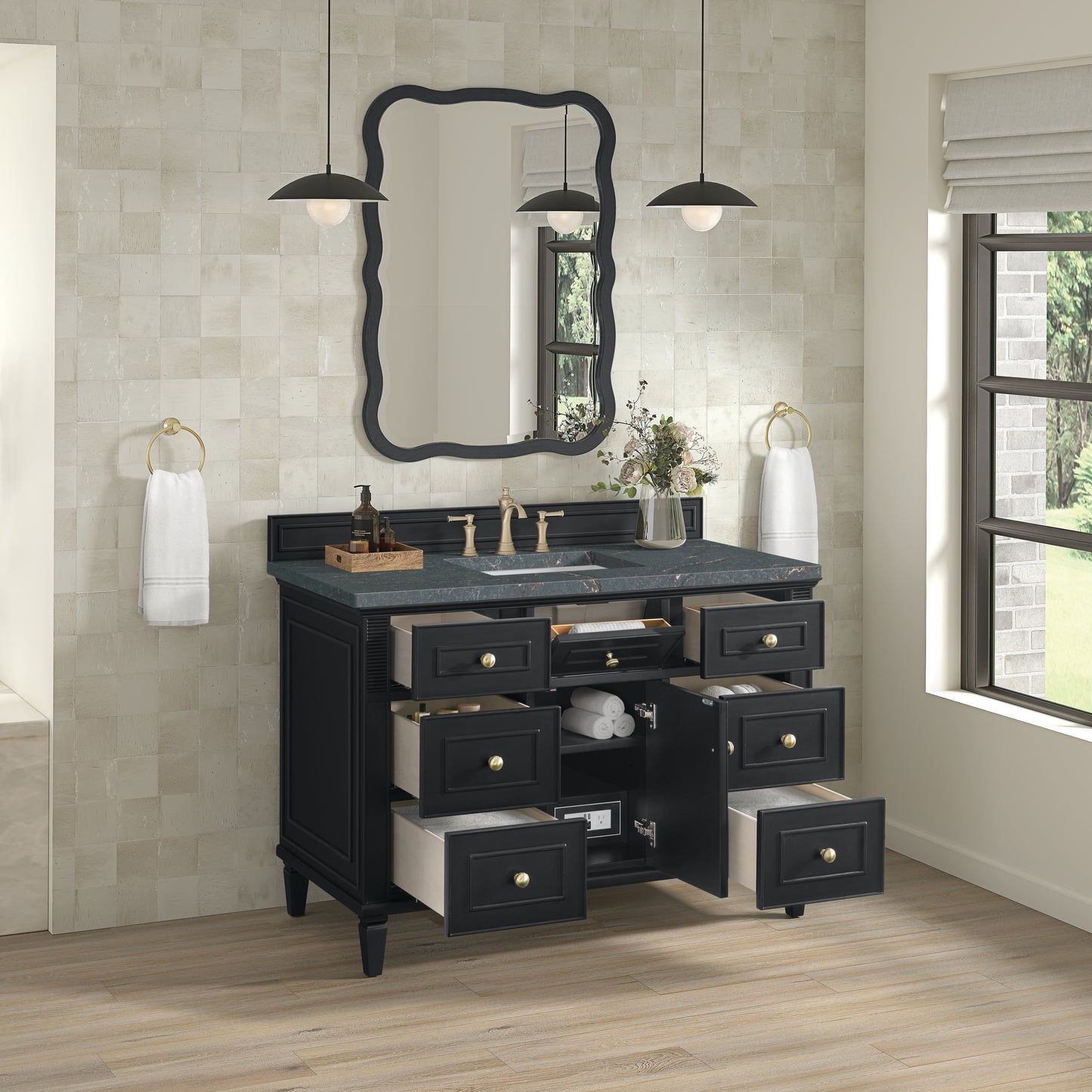 Renovate for Less Atlanta Lorelai 48" Single Vanity, Black Onyx w/ 3 CM Parisien Bleu Silestone Top w/FreePower Wireless Charger