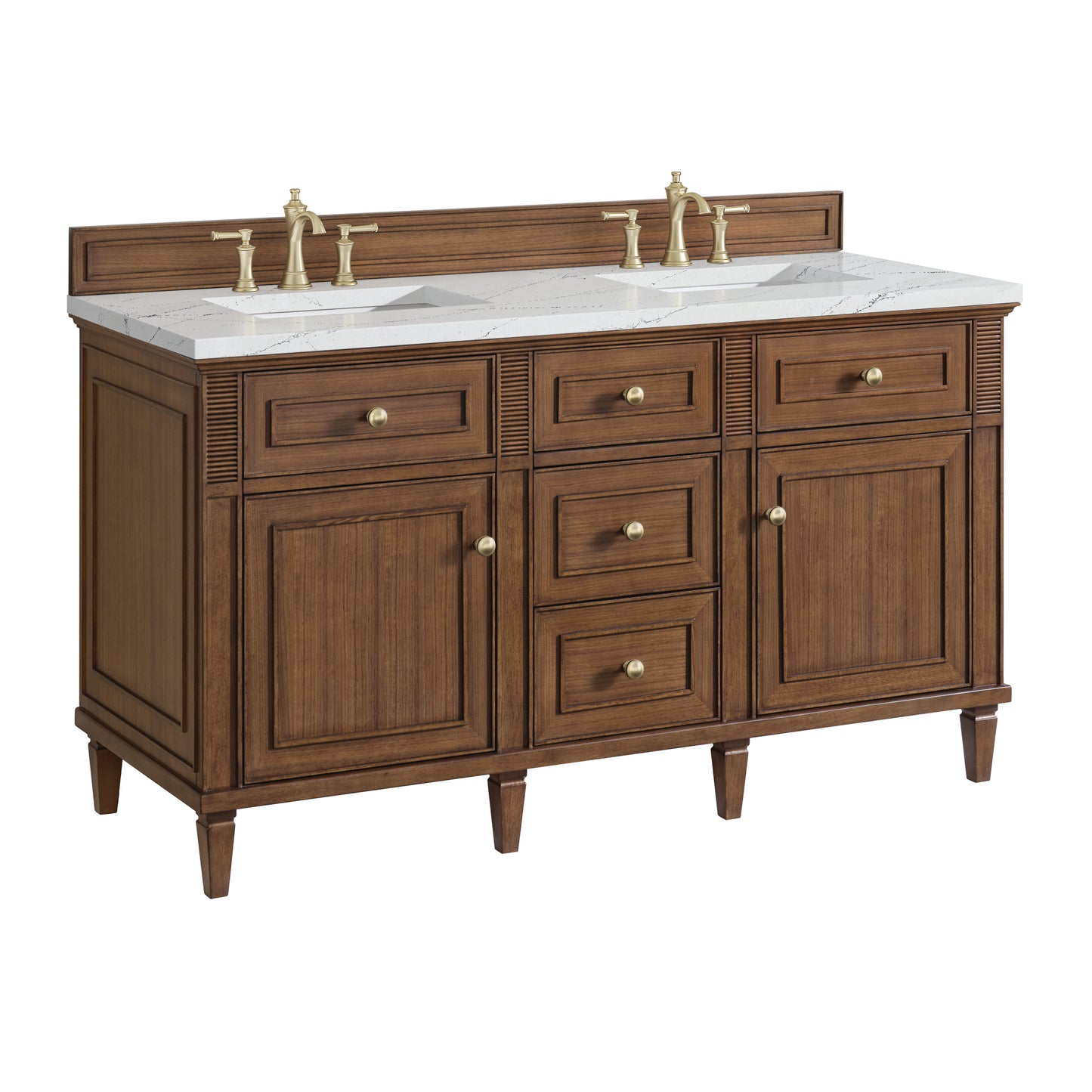 Renovate for Less Atlanta Lorelai 60" Double Vanity, Mid-Century Walnut w/ 3 CM Ethereal Noctis Silestone Top w/FreePower Wireless Charger