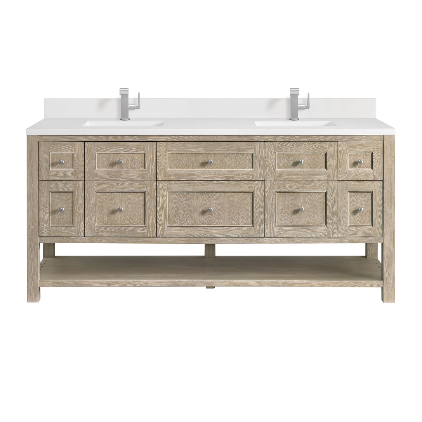 Renovate for Less Atlanta Breckenridge 72" Double Vanity, Whitewashed Oak w/ Single Hole 3 CM White Zeus Silestone Top & Backsplash