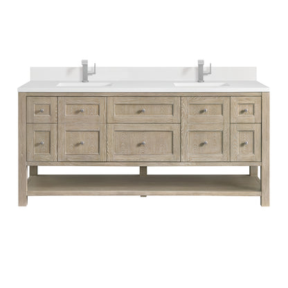 Renovate for Less Atlanta Breckenridge 72" Double Vanity, Whitewashed Oak w/ Single Hole 3 CM White Zeus Silestone Top & Backsplash