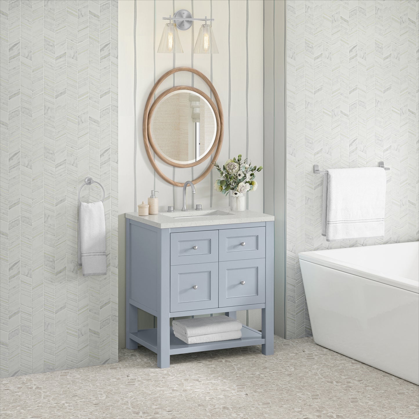 Renovate for Less Atlanta Breckenridge 30" Single Vanity, Serenity Blue, w/ 3 CM Lime Delight Quartz Top