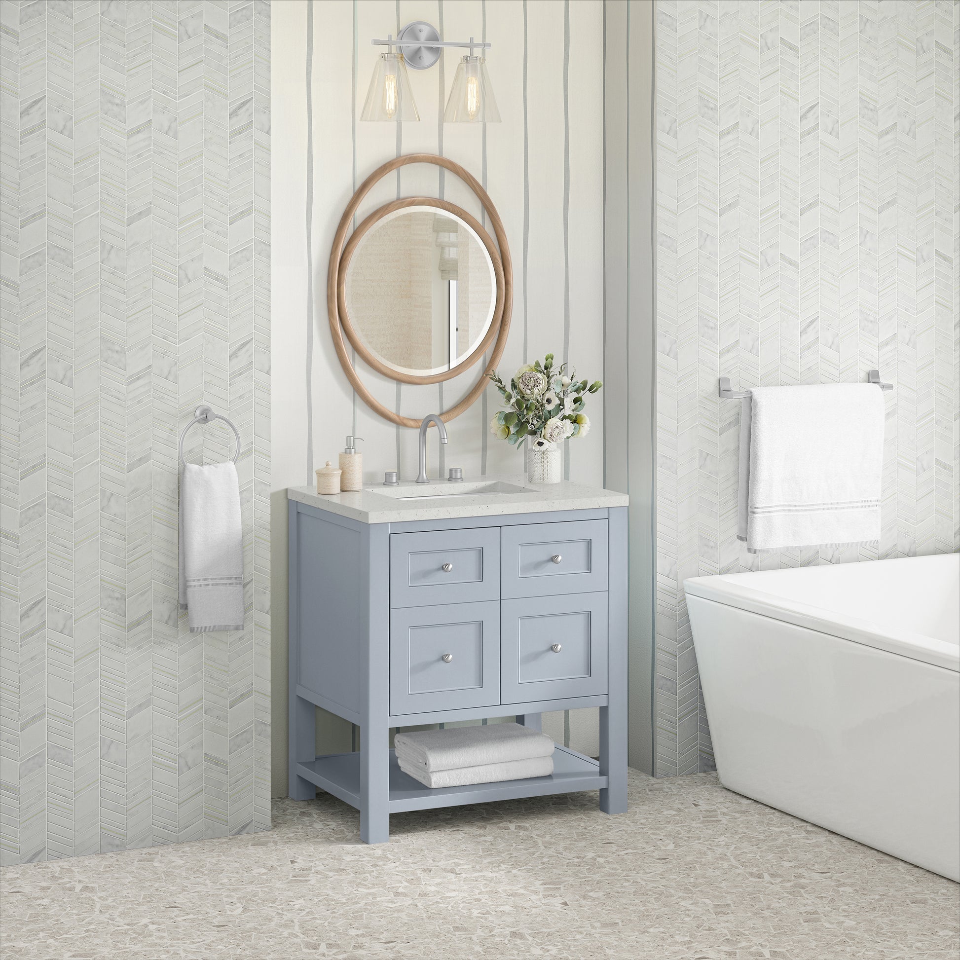 Renovate for Less Atlanta Breckenridge 30" Single Vanity, Serenity Blue, w/ 3 CM Lime Delight Quartz Top