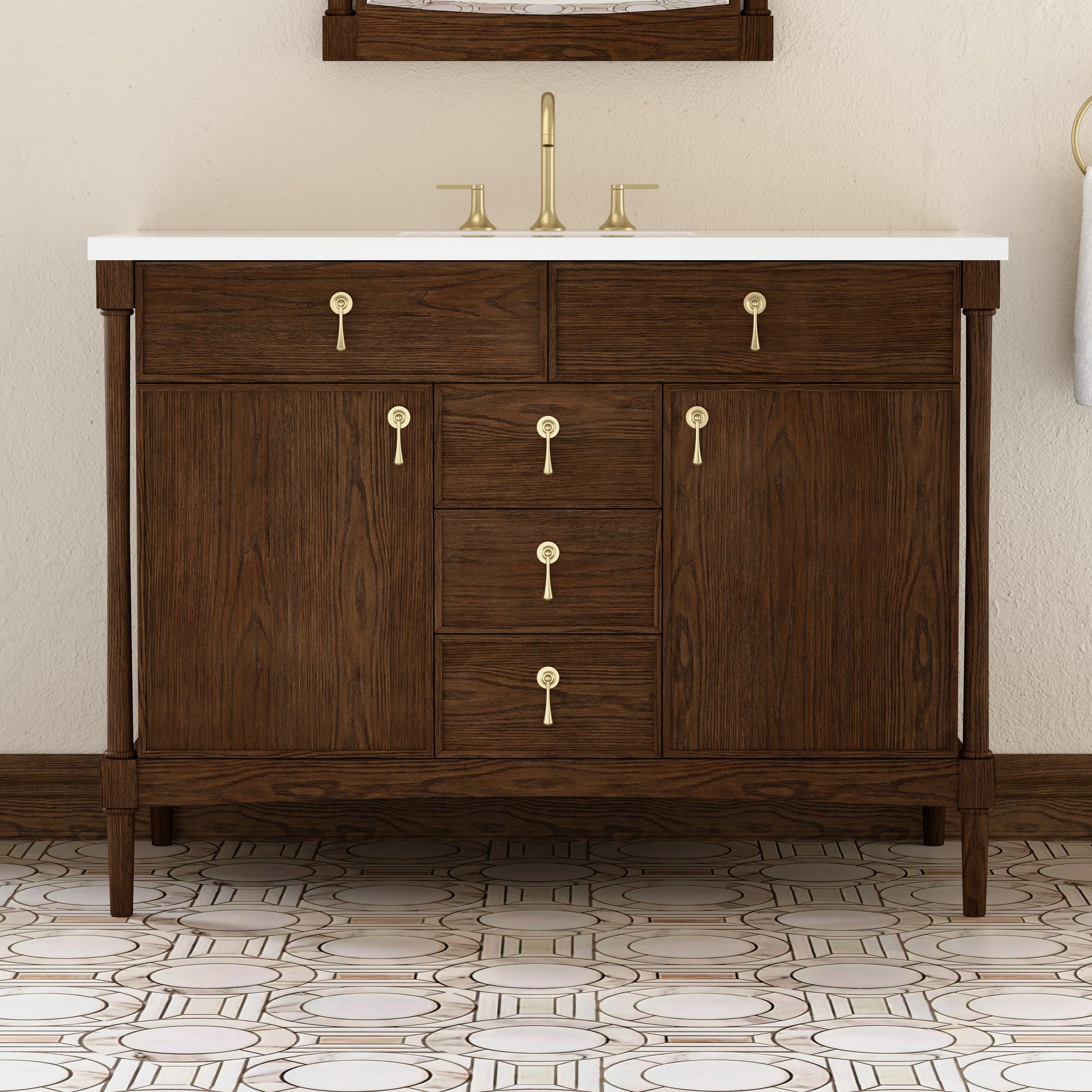 Renovate for Less Atlanta Kinnsden 48" Single Vanity, Sable Oak w/ 3 CM White Zeus Silestone Top