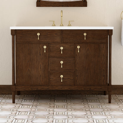 Renovate for Less Atlanta Kinnsden 48" Single Vanity, Sable Oak w/ 3 CM White Zeus Silestone Top