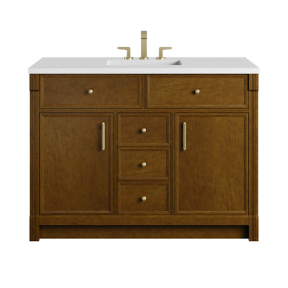 Renovate for Less Atlanta Bellshire 48" Single Vanity, Honey Oak w/ 3 CM White Zeus Silestone Top