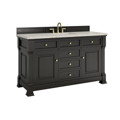 Renovate for Less Atlanta Brookfield 60" Single Vanity, Black Onyx w/ 3 CM Victorian Silver Silestone Top w/ FreePower Wireless Charger