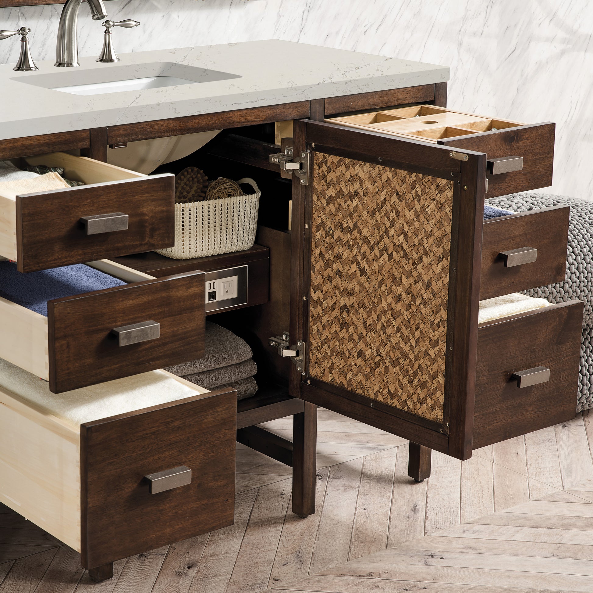 Renovate for Less Atlanta Addison 48" Single Vanity, Mid-Century Acacia, w/ 3 CM Siberian Silestone Top