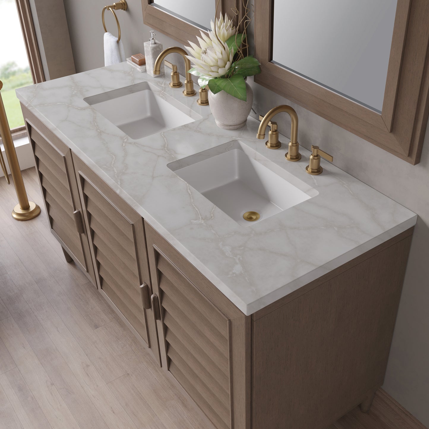 Renovate for Less Atlanta Portland 60" Double Vanity Whitewashed Walnut w/ 3 CM Victorian Silver Silestone Top w/FreePower Wireless Charger
