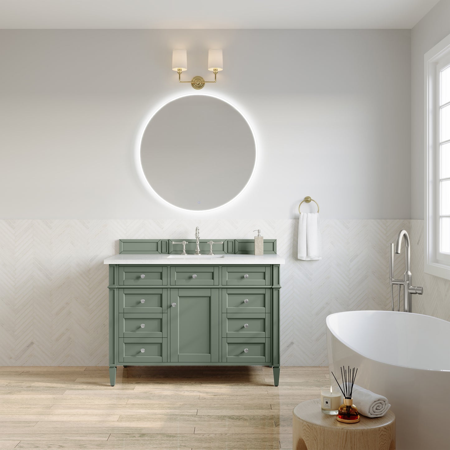 Renovate for Less Atlanta Brittany 48" Single Vanity, Smokey Celadon w/ 3 CM White Zeus Top