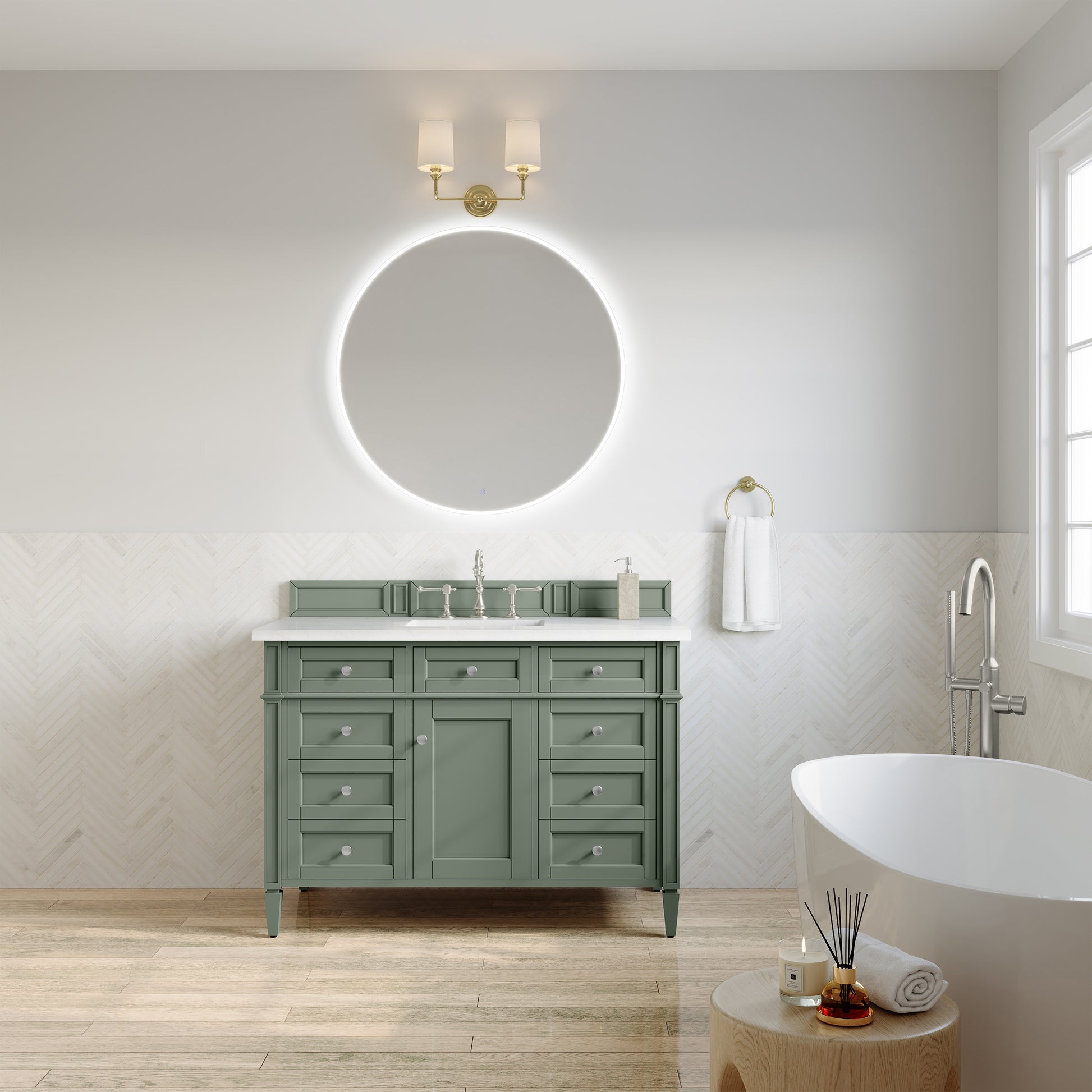 Renovate for Less Atlanta Brittany 48" Single Vanity, Smokey Celadon w/ 3 CM White Zeus Top