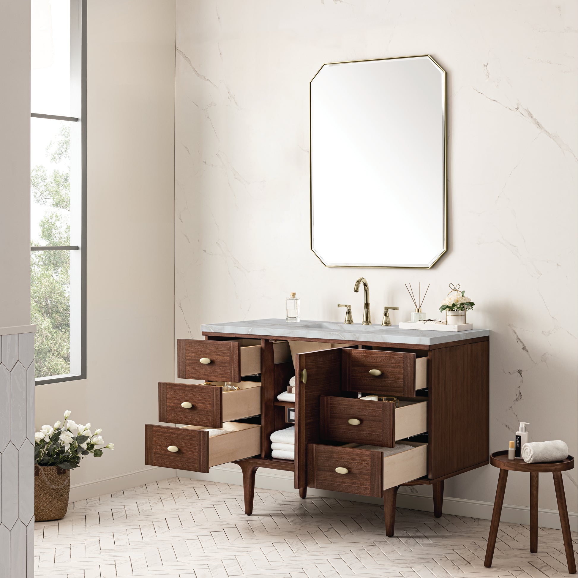 Renovate for Less Atlanta Amberly 48" Single Vanity, Mid-Century Walnut w/ 3 CM Victorian Silver Top w/FreePower Wireless Charger