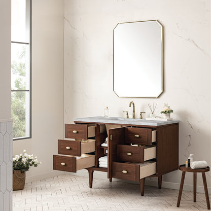 Renovate for Less Atlanta Amberly 48" Single Vanity, Mid-Century Walnut w/ 3 CM Victorian Silver Top w/FreePower Wireless Charger