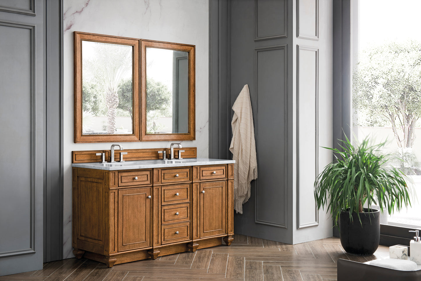 Renovate for Less Atlanta Bristol 60" Double Vanity, Saddle Brown w/ 3 CM Eternal Jasmine Pearl Silestone Top w/FreePower Wireless Charger