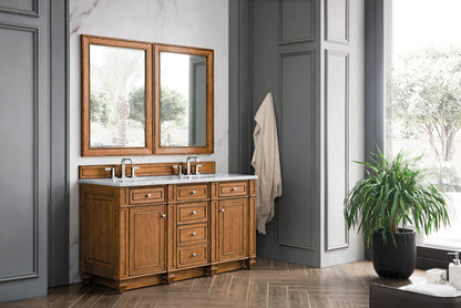 Renovate for Less Atlanta Bristol 60" Double Vanity, Saddle Brown w/ 3 CM Eternal Jasmine Pearl Silestone Top w/FreePower Wireless Charger