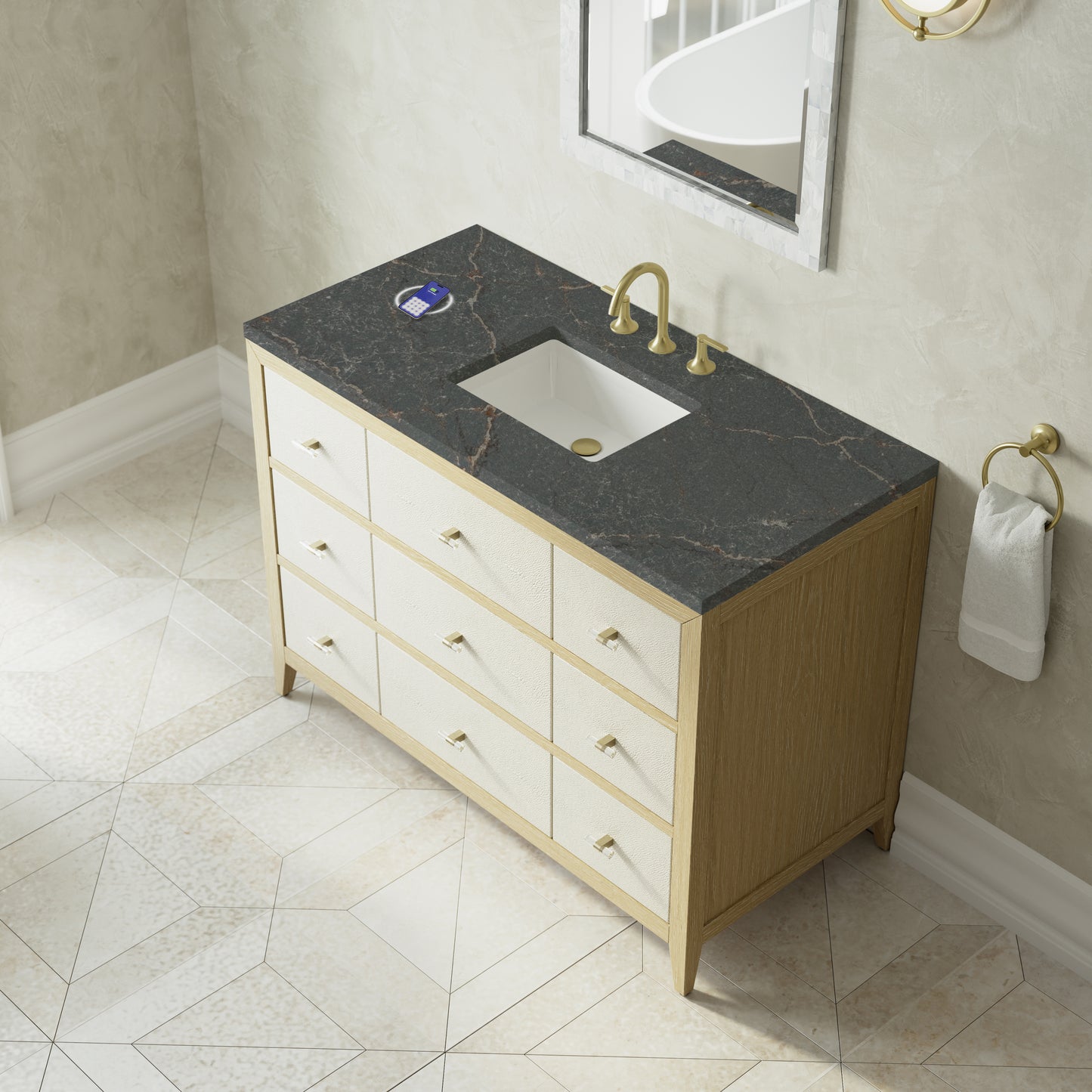 Renovate for Less Atlanta Celeste 48" Single Vanity, Sunwashed Oak with Embossed Shagreen w/ 3 CM Parisien Bleu Silestone Top w/ FreePower Wireless Charger