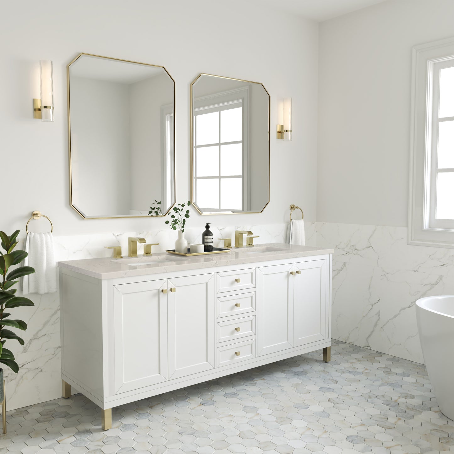 Renovate for Less Atlanta Chicago 72" Double Vanity, Glossy White, w/ 3 CM Siberian Silestone Top