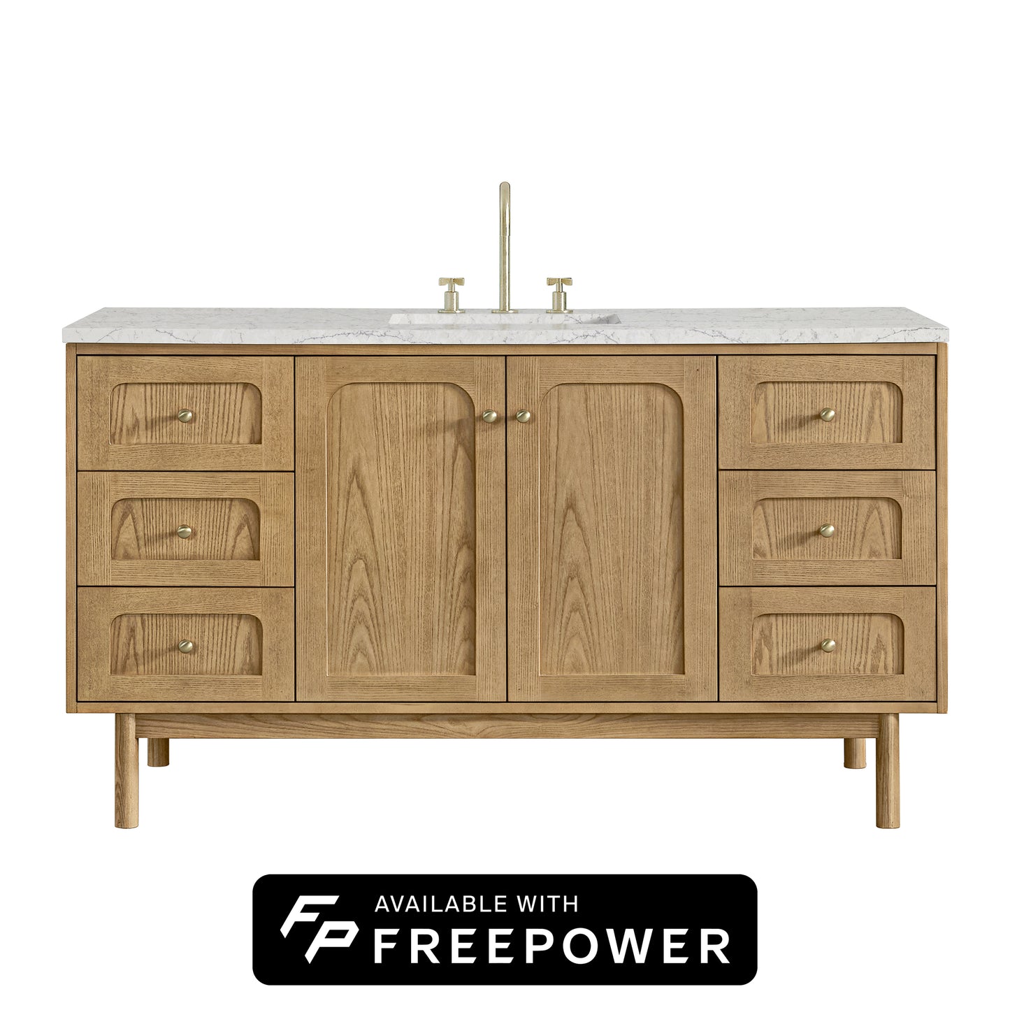 Renovate for Less Atlanta Laurent 60" Single Vanity, Light Natural Oak, w/ 3 CM Eternal Jasmine Pearl Silestone Top w/ FreePower Wireless Charger