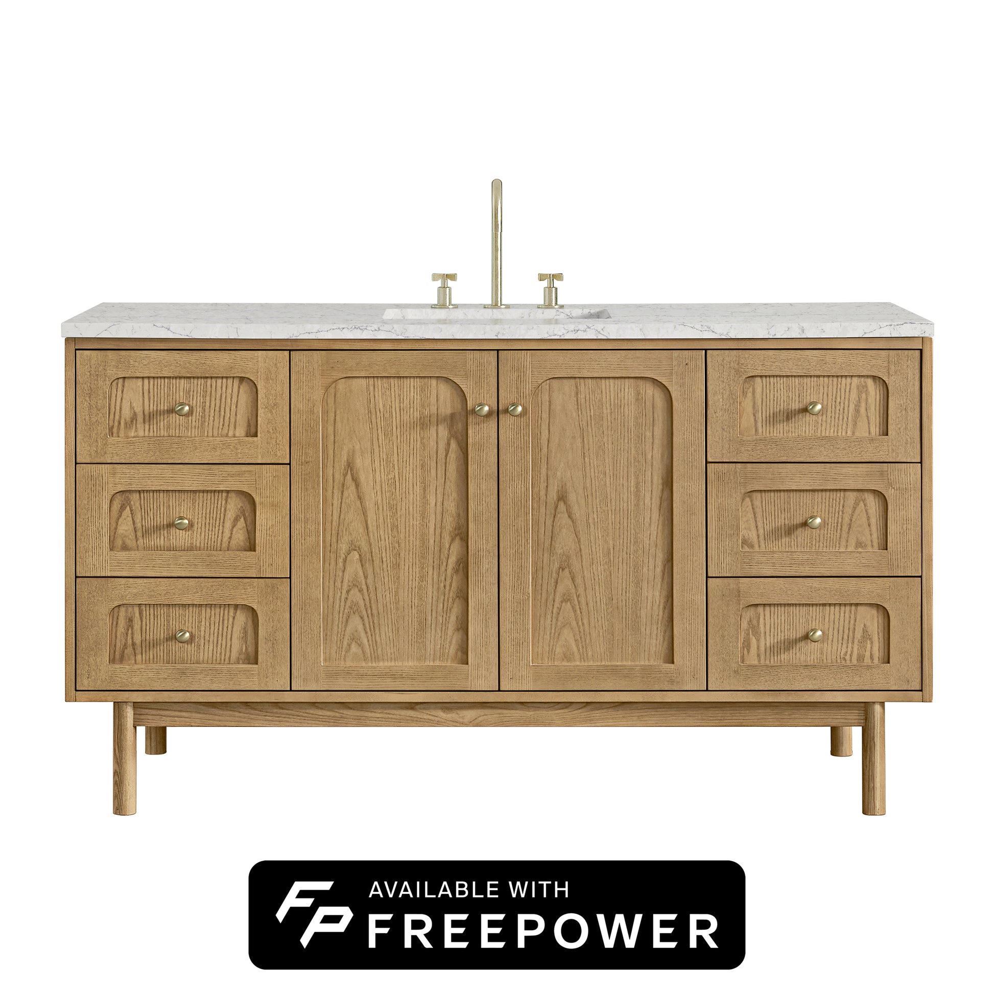 Renovate for Less Atlanta Laurent 60" Single Vanity, Light Natural Oak, w/ 3 CM Eternal Jasmine Pearl Silestone Top w/ FreePower Wireless Charger